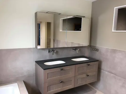 Meuble double vasque en bois et armoire de toilette avec miroir